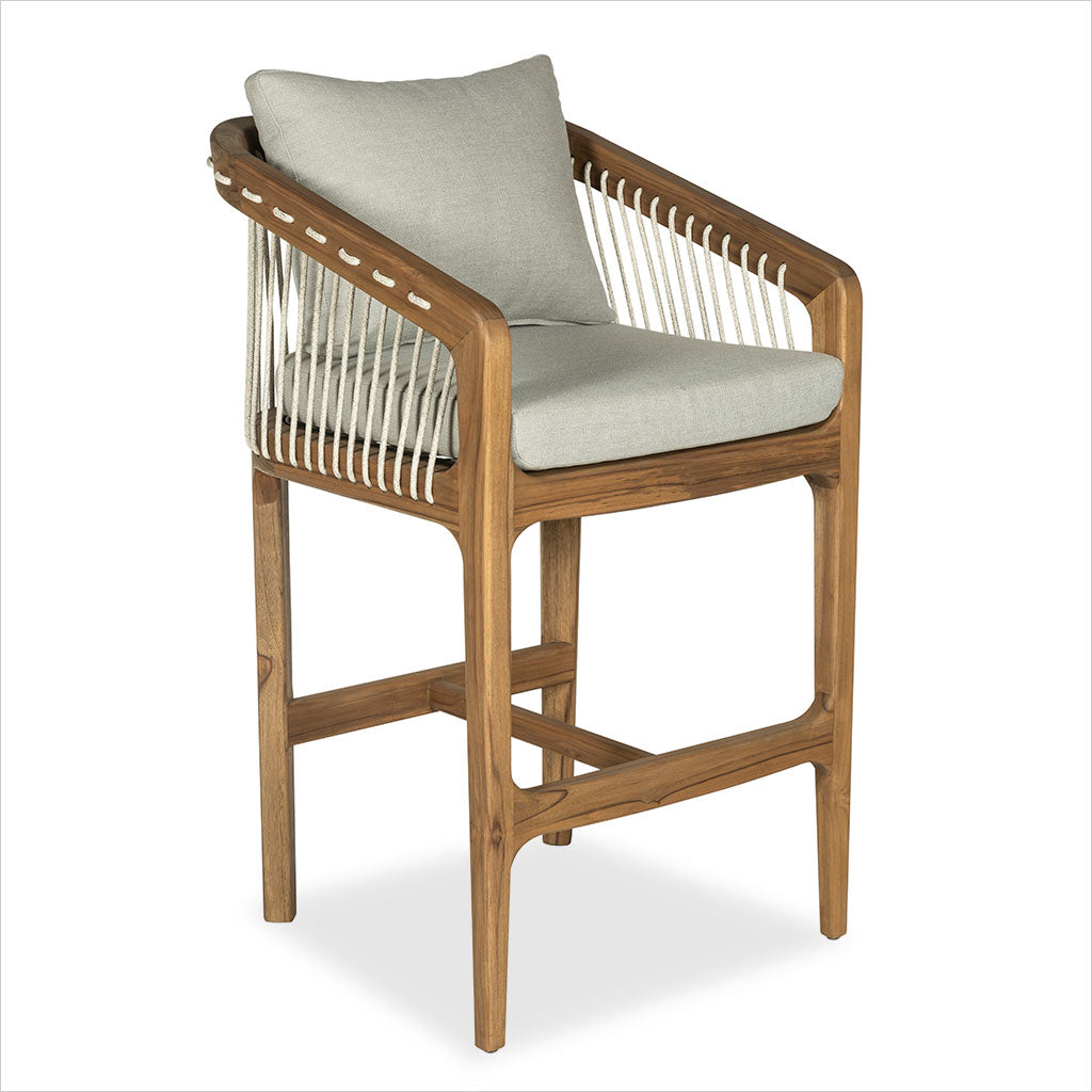 Barstool in teak wood with beige cushion on a white background