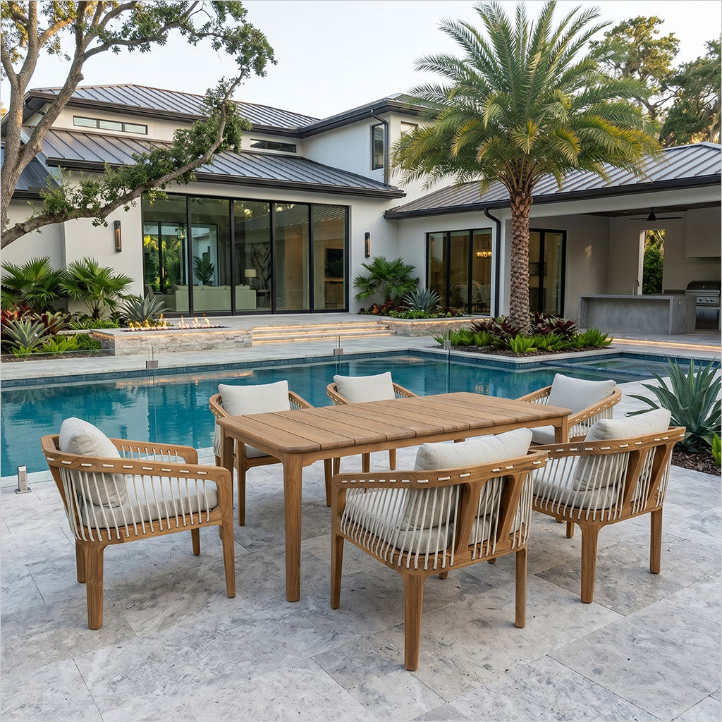 Outdoor dining set with wooden chairs and table by a poolside house.