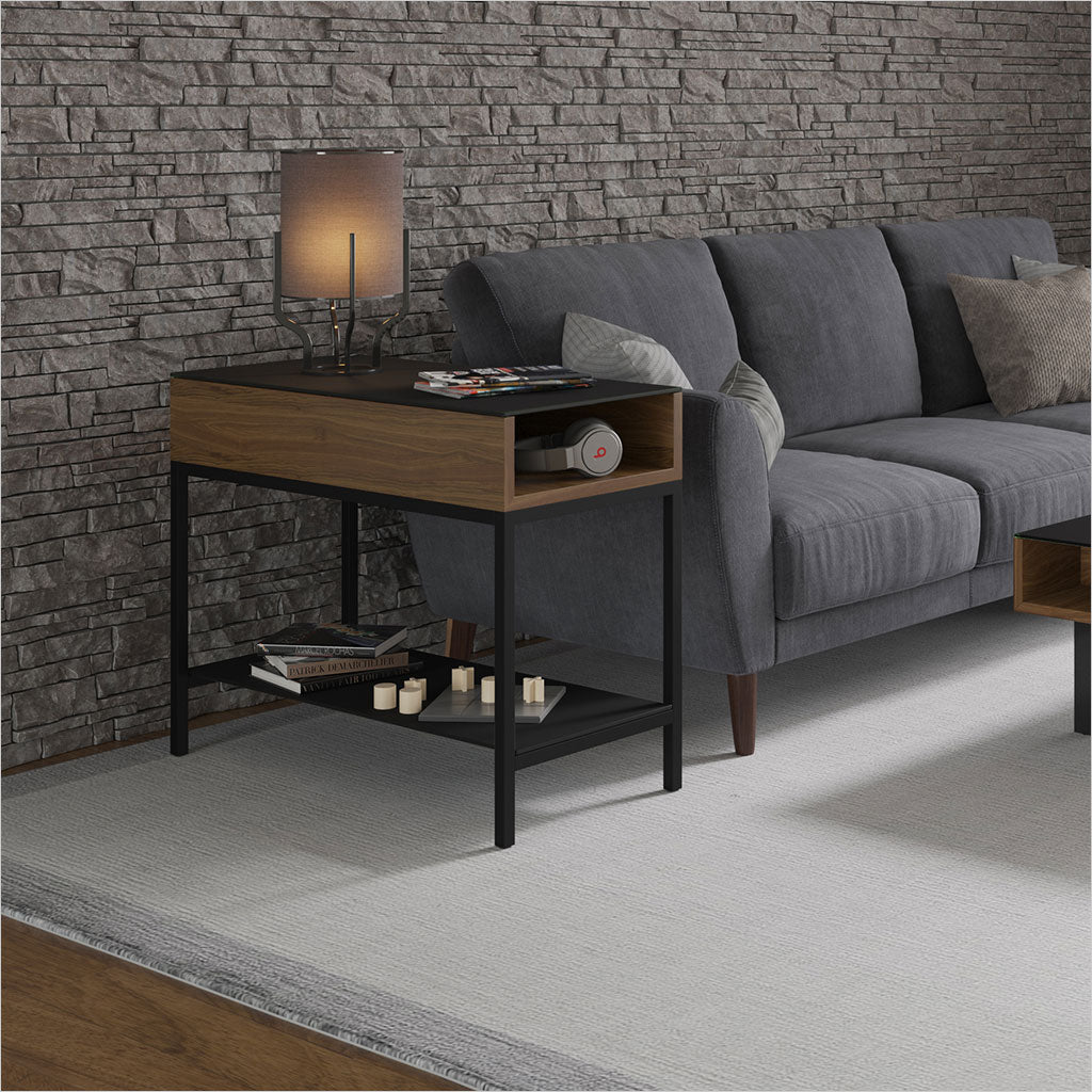 walnut end table with glass top