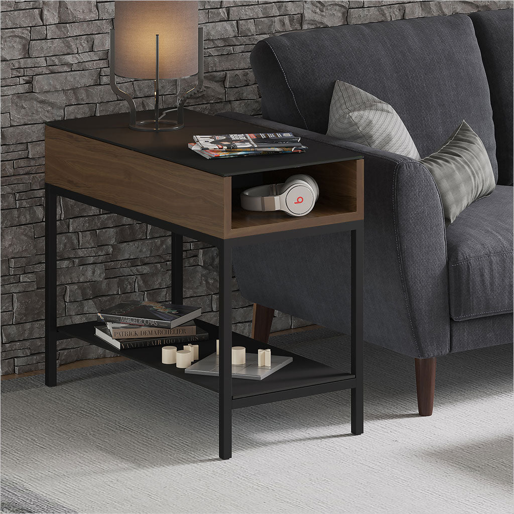 walnut end table with glass top