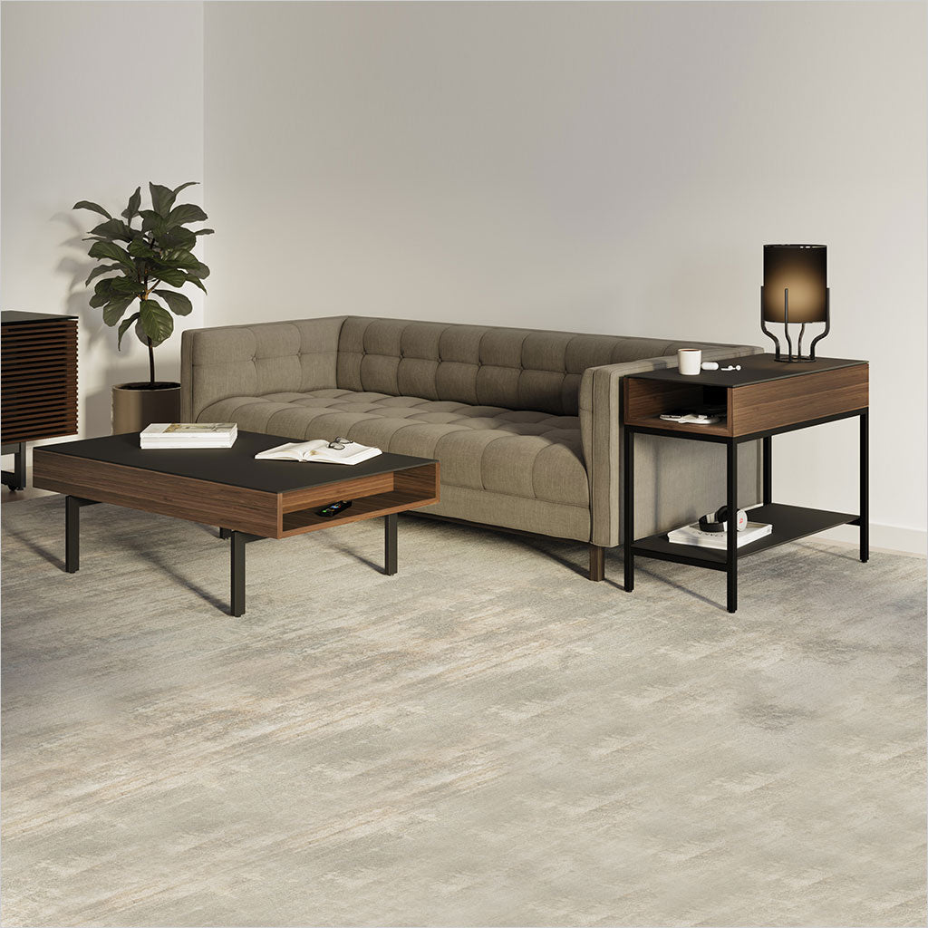 walnut end table with glass top