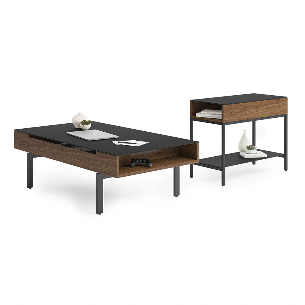 walnut end table with glass top