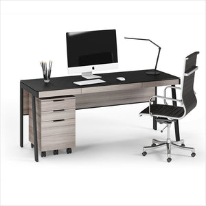 grey desk with black satin-etched glass work surface