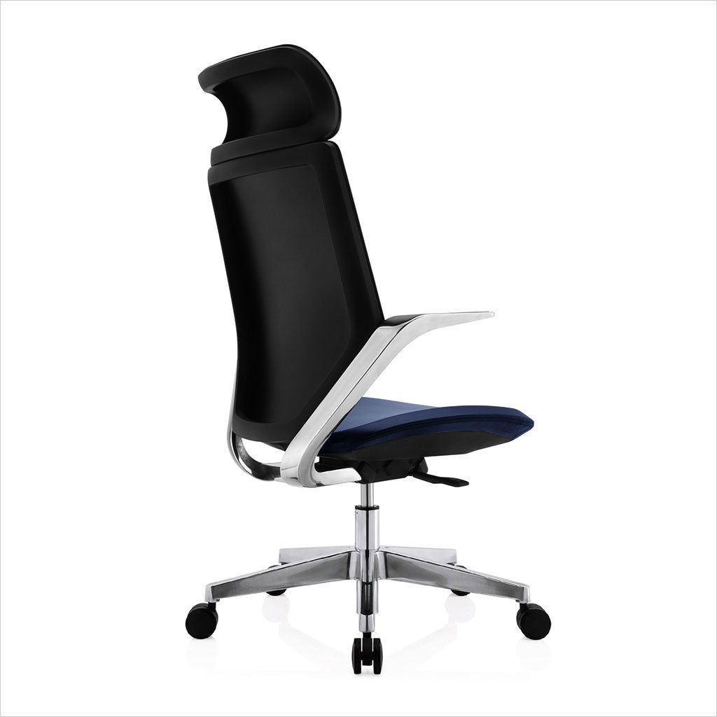 high-back desk chair with blue eco-pele