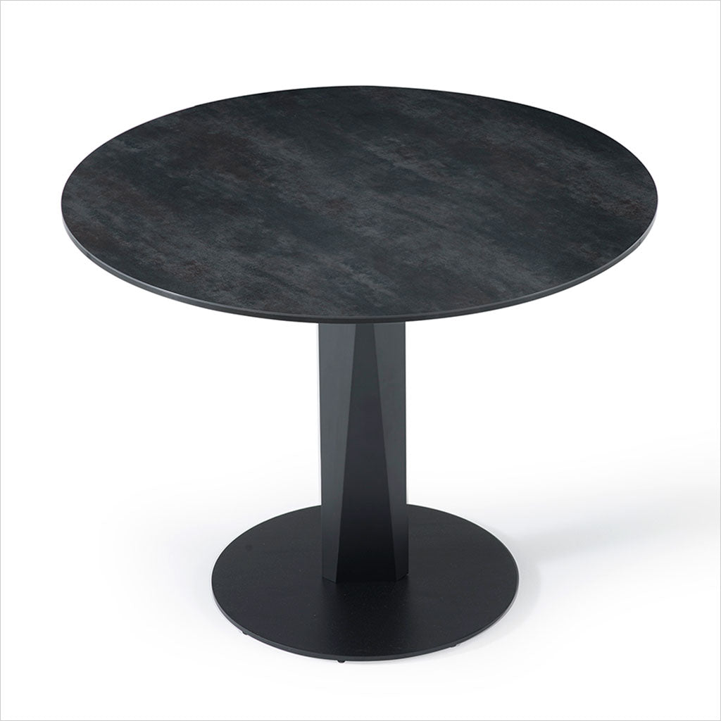 round ceramic glass top table with metal pedestal base