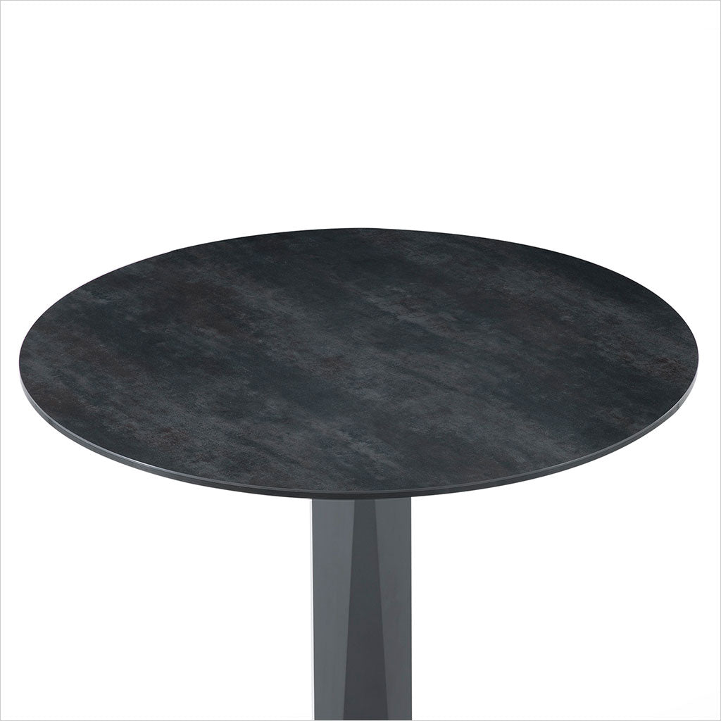 round ceramic glass top table with metal pedestal base