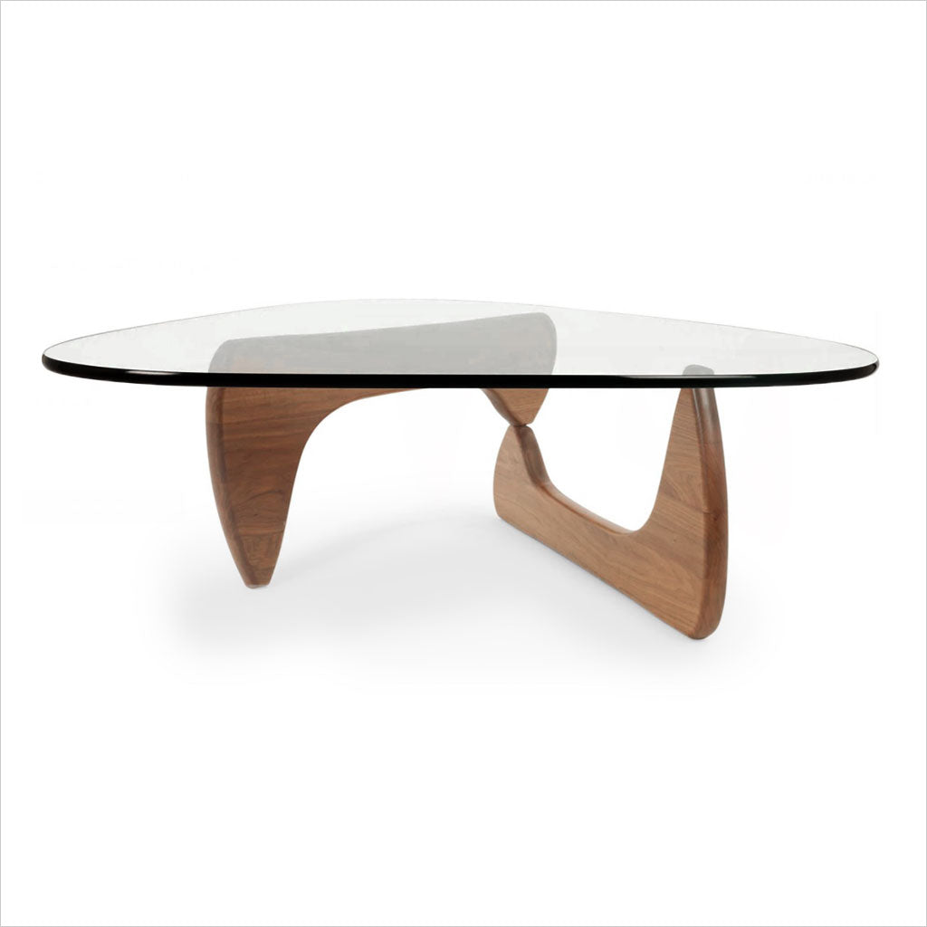 coffee table with walnut wood base and glass top