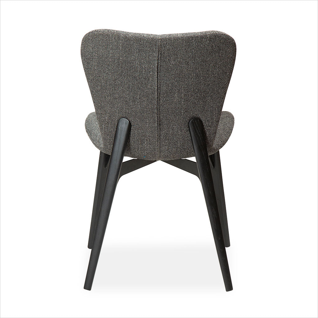 grey fabric dining chair with black legs