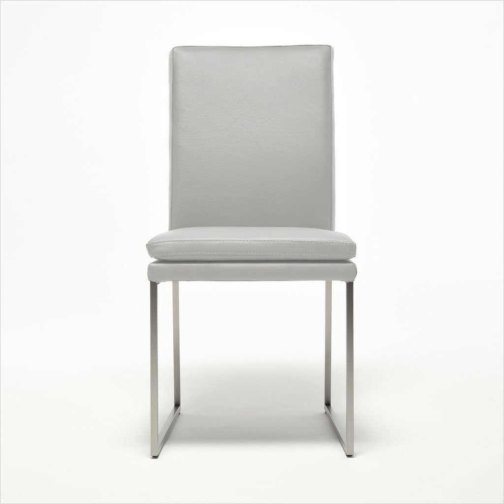 light grey leather dining chair with metal base
