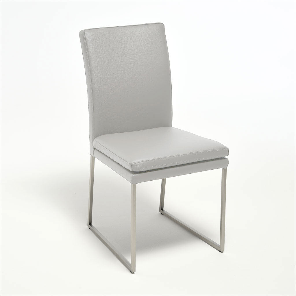 light grey leather dining chair with metal base