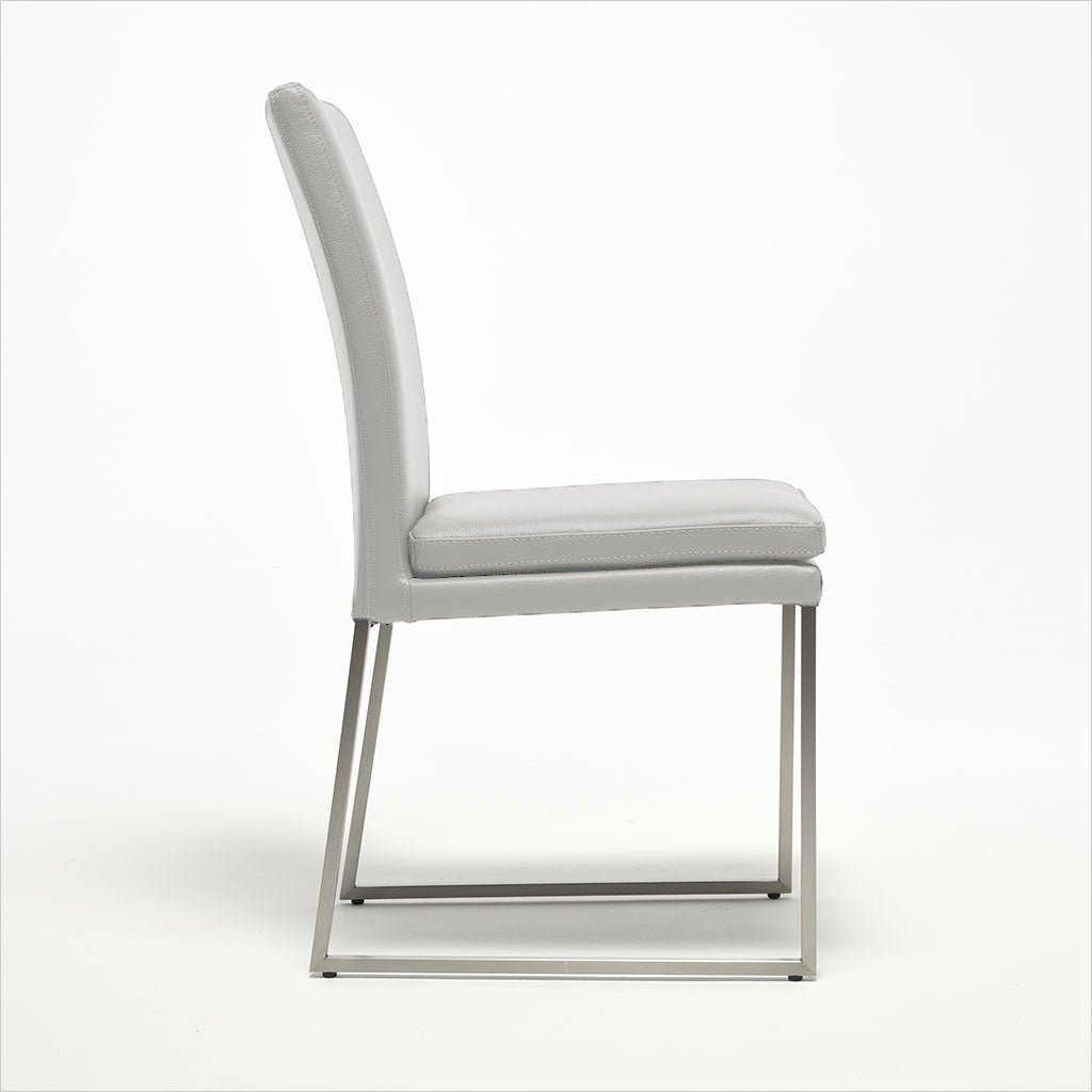 light grey leather dining chair with metal base