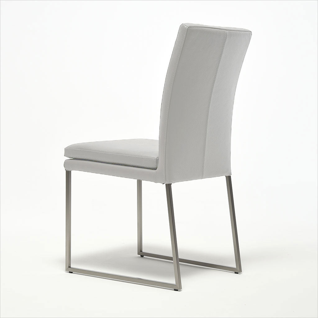 light grey leather dining chair with metal base