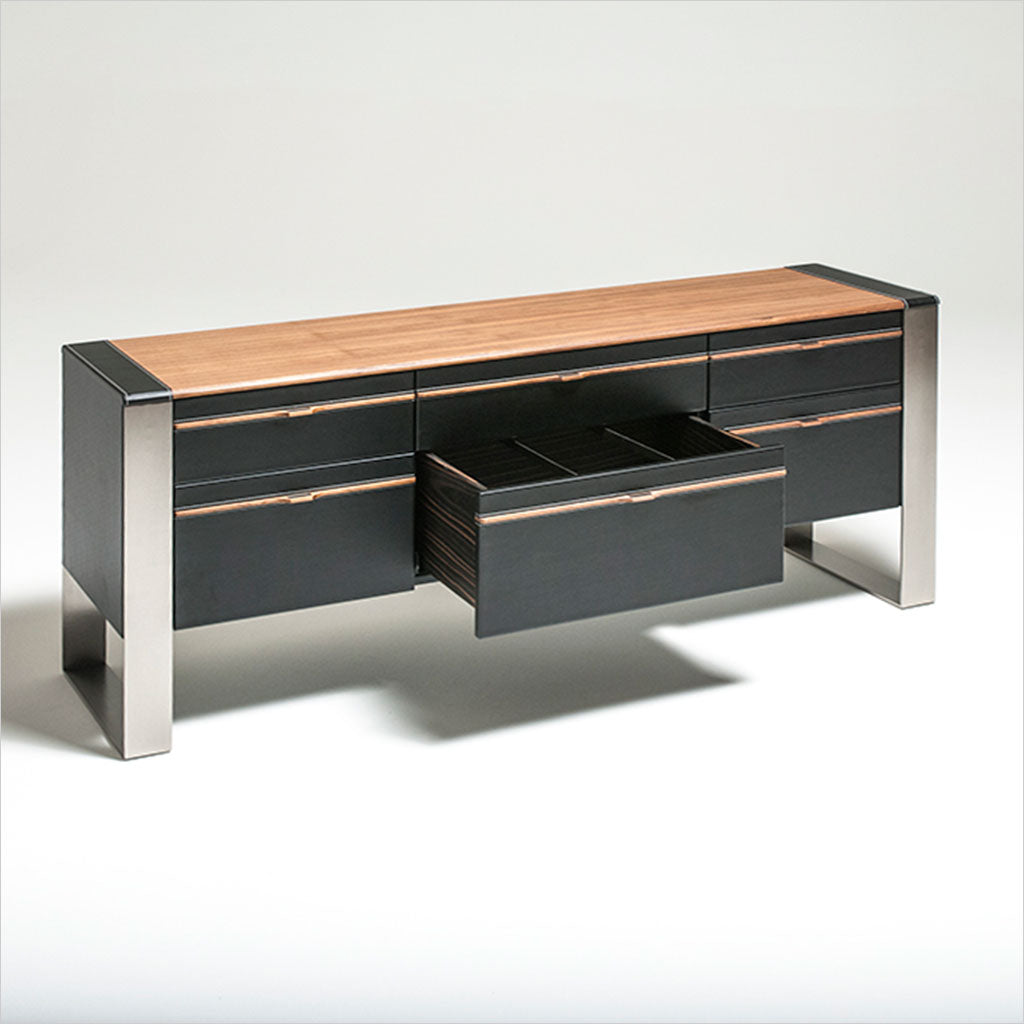 credenza in walnut and black leather