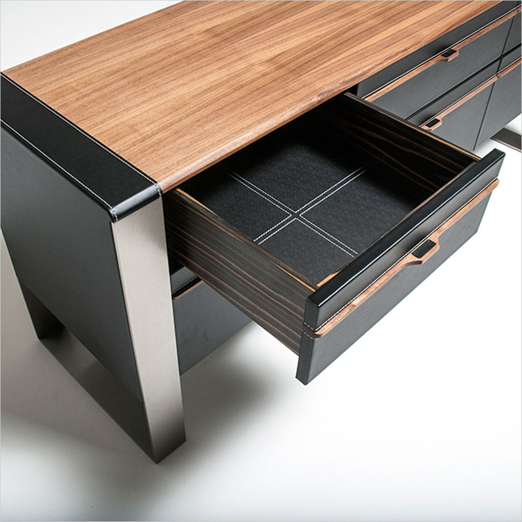 credenza in walnut and black leather