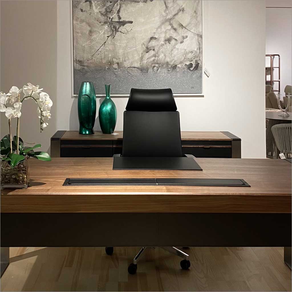 walnut and black leather desk