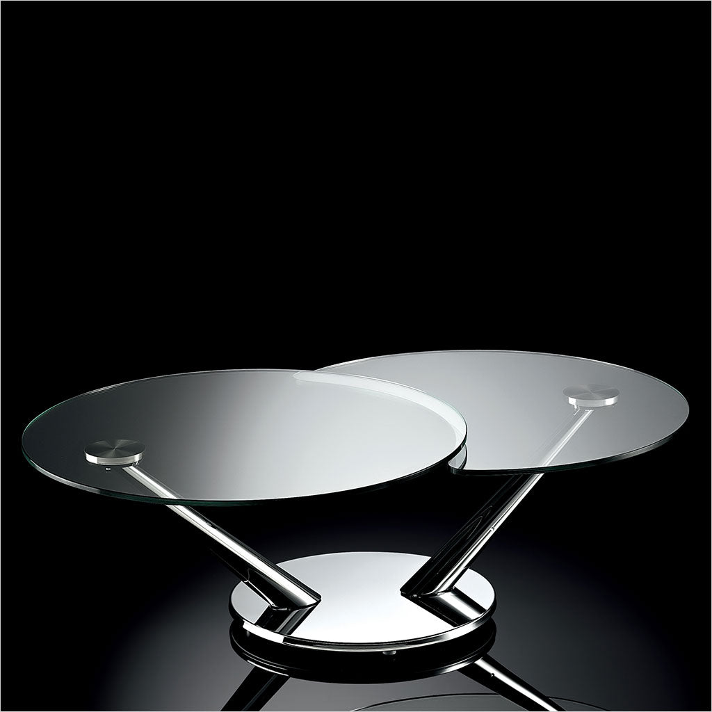 coffee table with 2 round, synchronized swivel glass tops