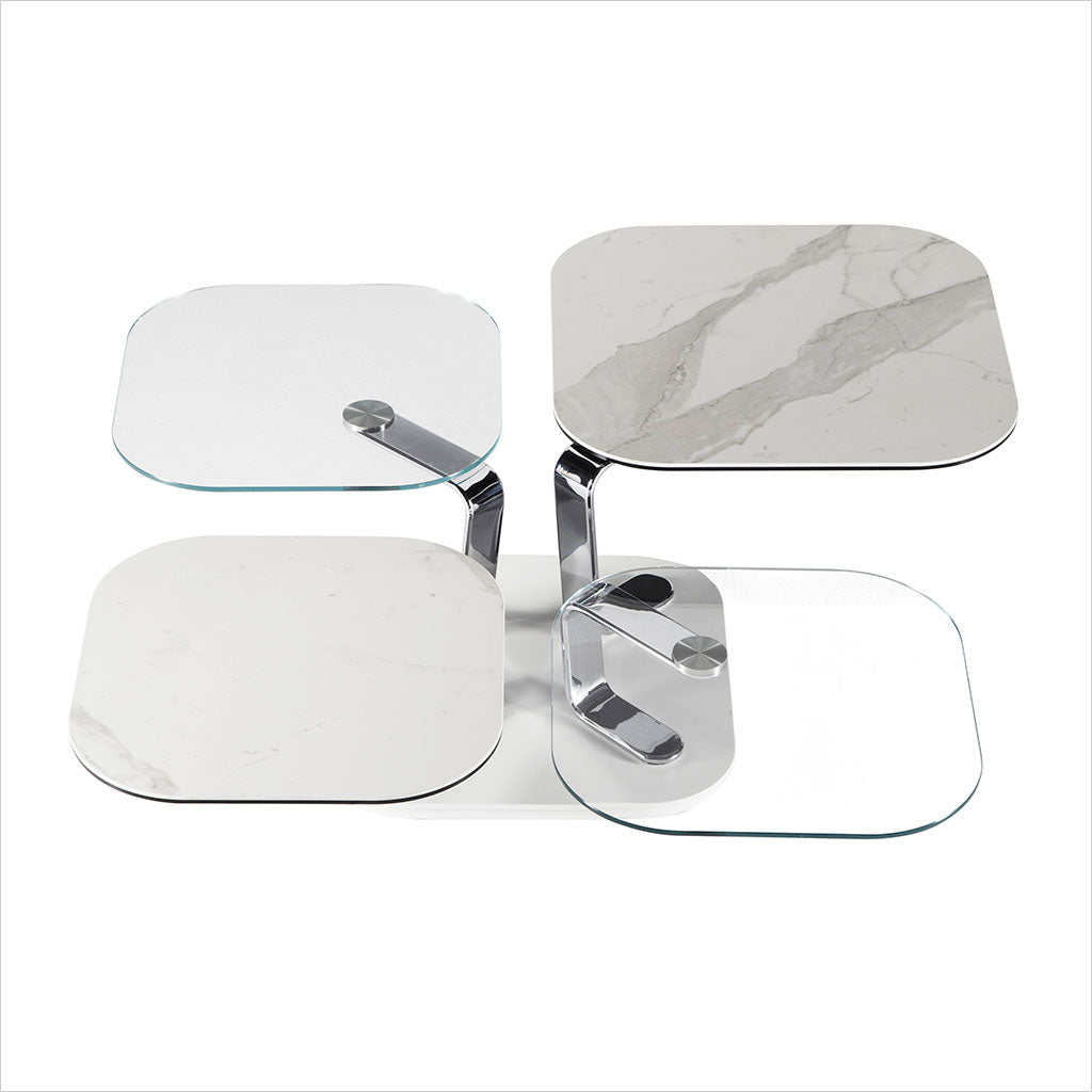 coffee table with 4 square, synchronized swivel tops