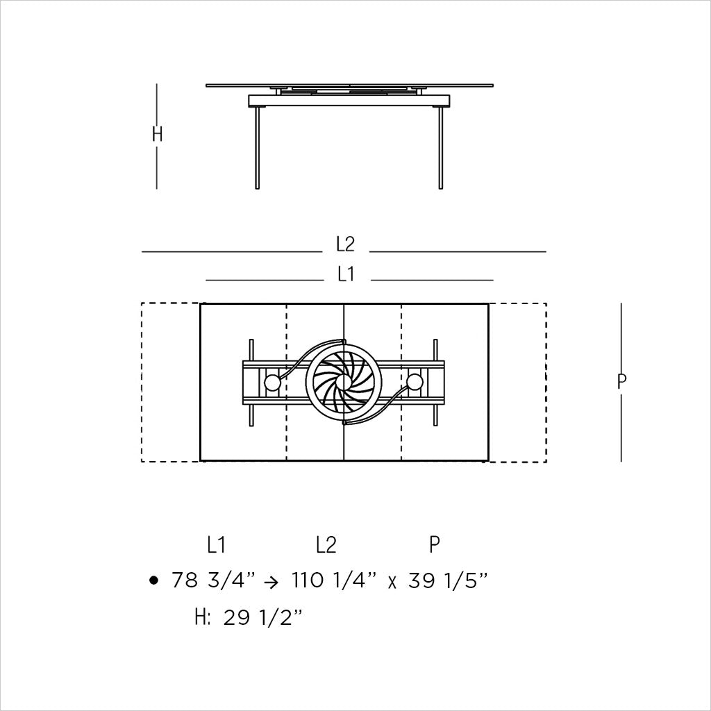 schematic of glass dining table with extension leaves