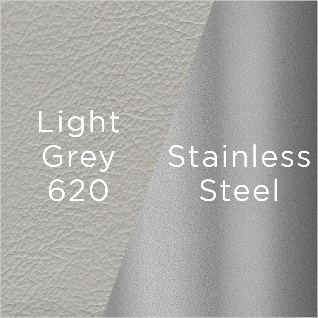 stainless steel and light grey leather swatch