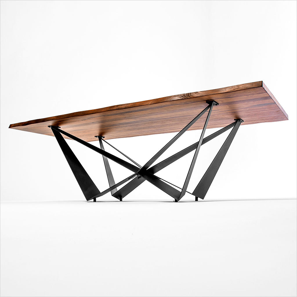 dining table with walnut top and black metal base