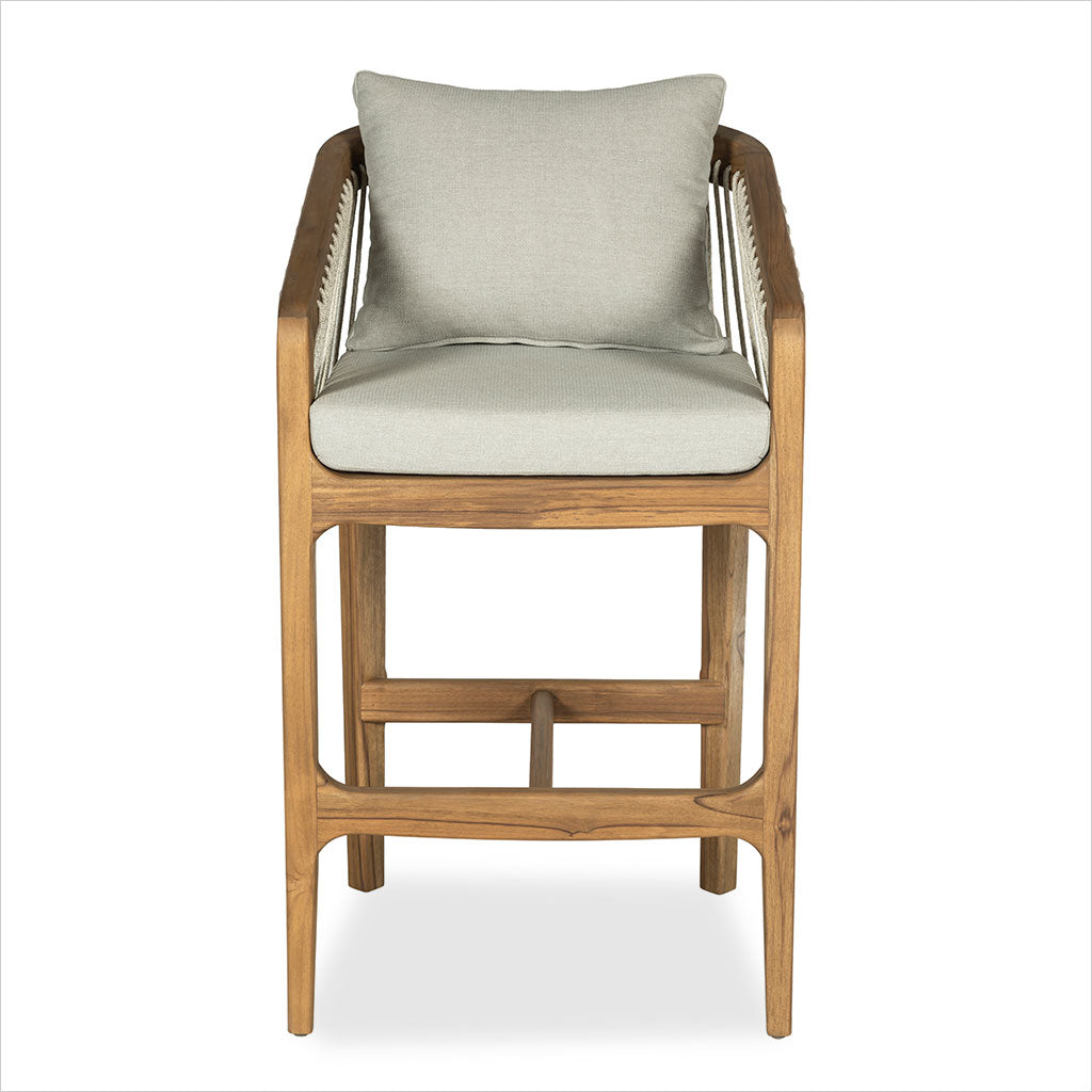 Barstool in teak wood with beige cushion on a white background