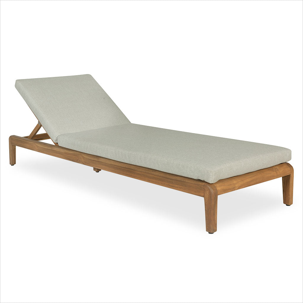 Wooden lounge chair with a beige cushion on a white background