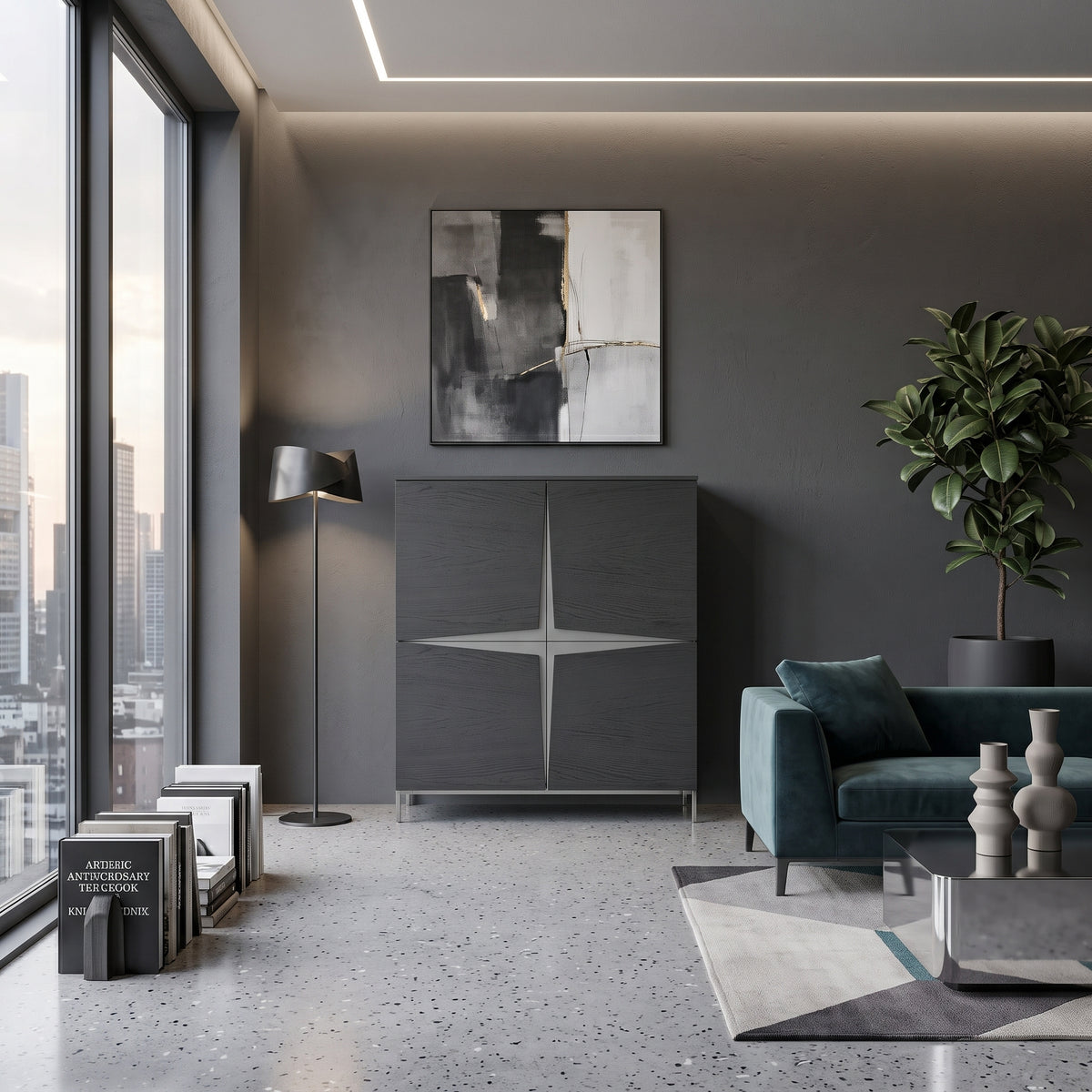 A modern living room scene featuring a dark gray cabinet with a star-shaped silver inlay on the front, set against a dark gray wall with an abstract black and white painting above it. The room also includes a teal velvet sofa, a floor lamp, a potted plant, and a large window overlooking a city skyline.