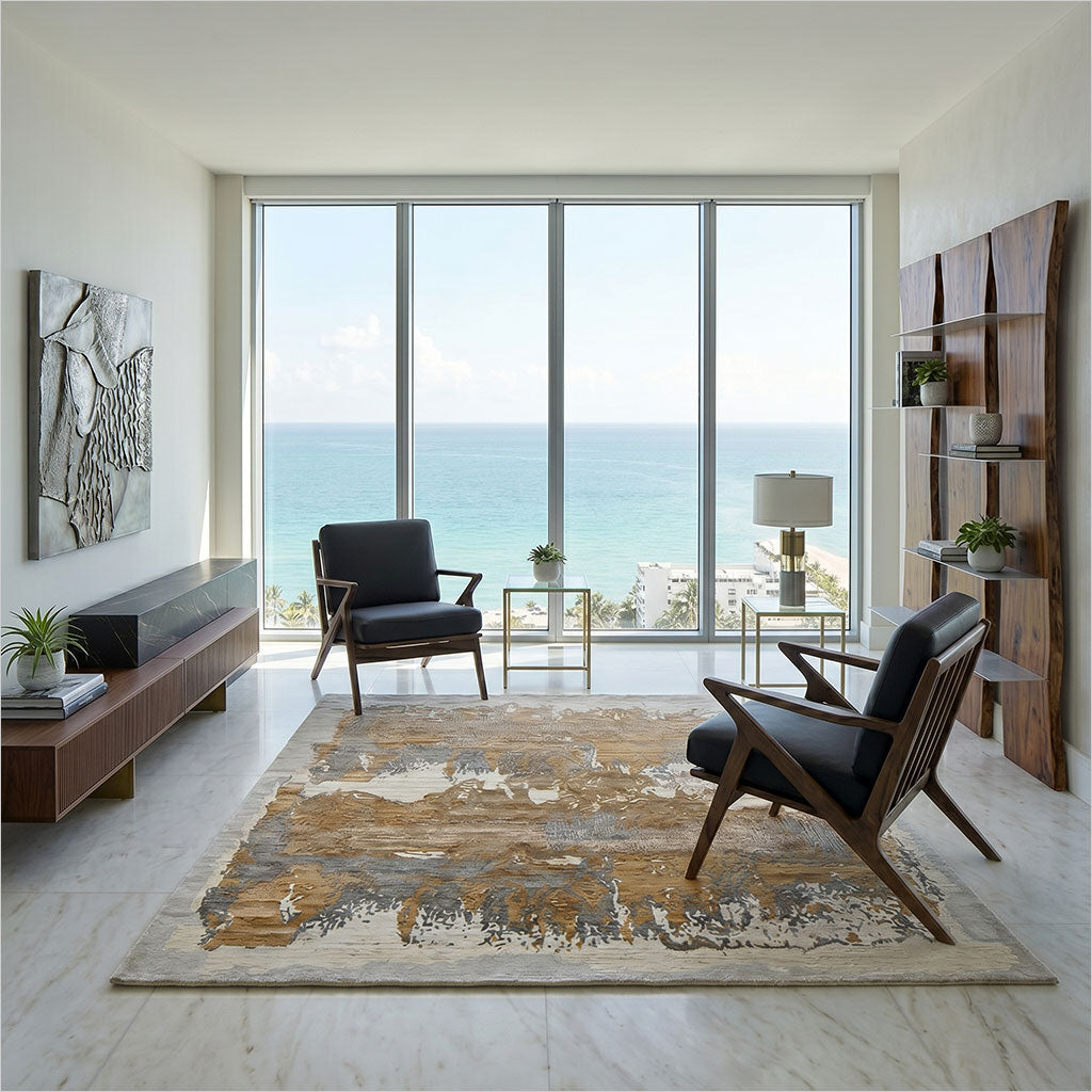 Modern living room with ocean view, wooden furniture, and a large rug.