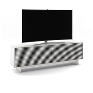 white media cabinet with louvered doors