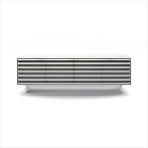 white media cabinet with louvered doors