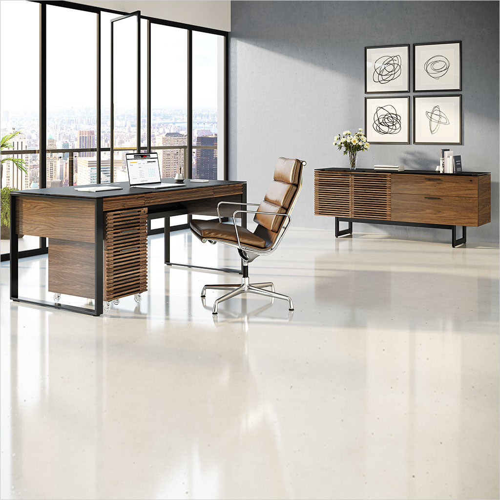 desk with micro-etched glass top