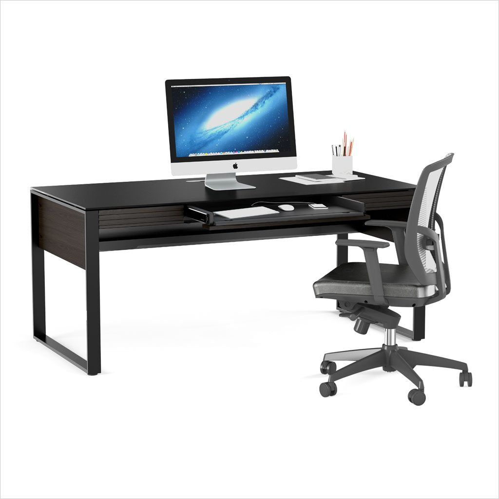 desk with micro-etched glass top