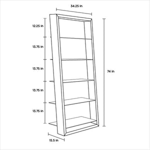schematic of white leaning bookcase with glass shelves