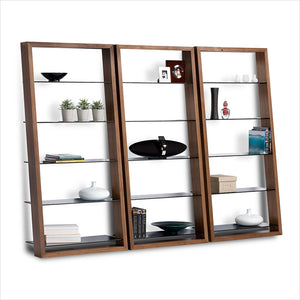 leaning bookcase with glass shelves