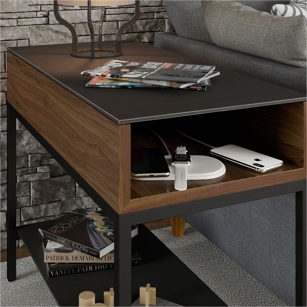 walnut end table with glass top