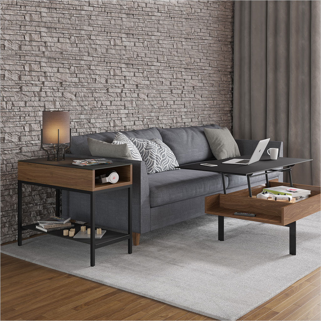 walnut end table with glass top