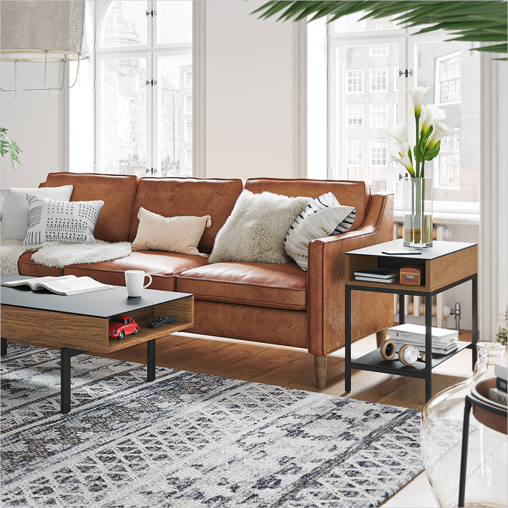 walnut end table with glass top