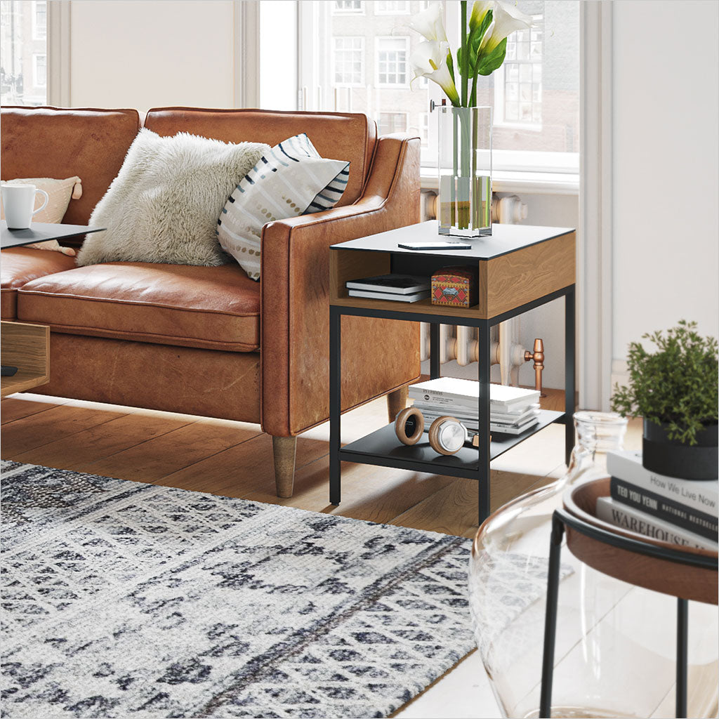 walnut end table with glass top