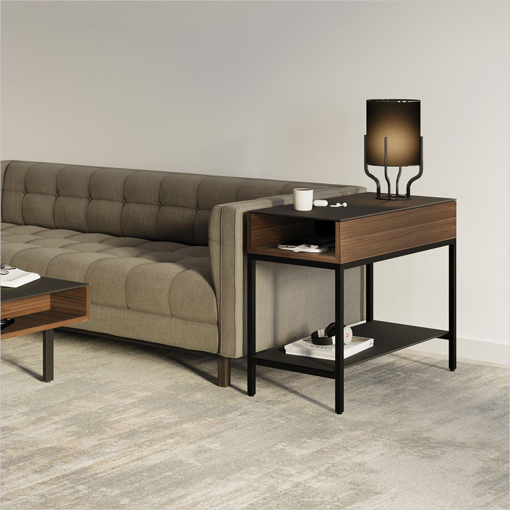 walnut end table with glass top