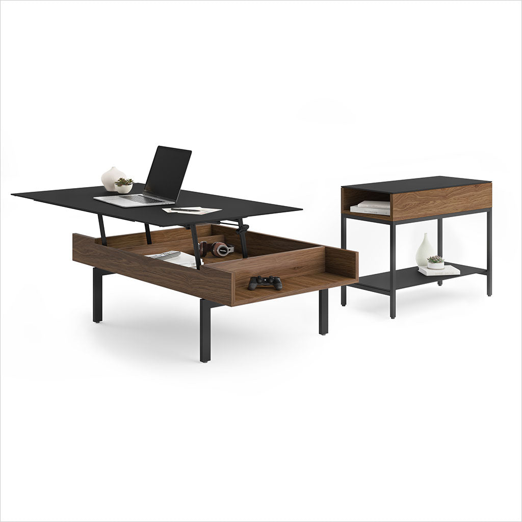 walnut end table with glass top