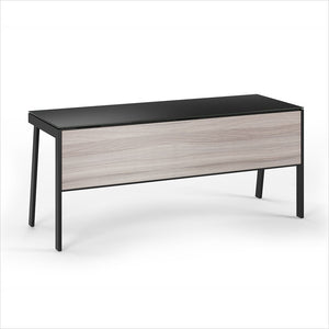 grey desk with black satin-etched glass work surface