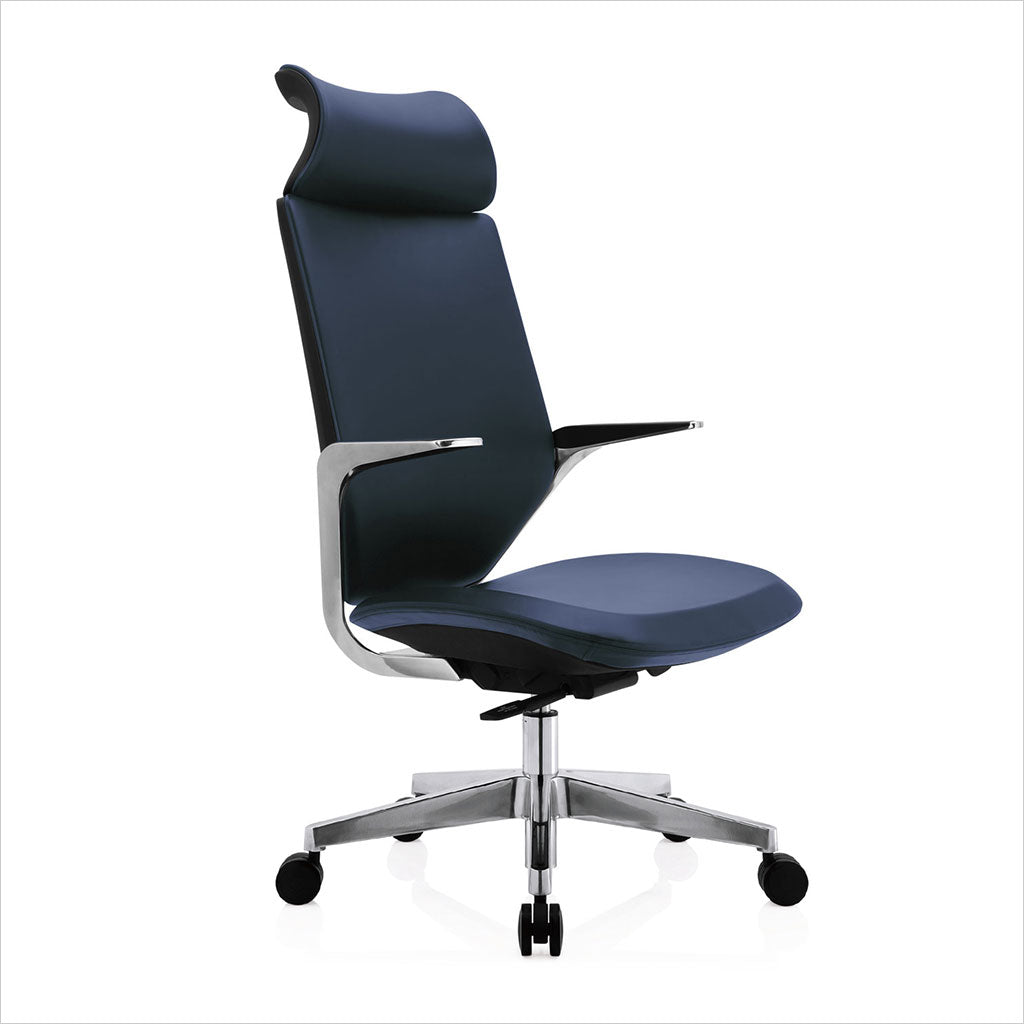 high-back desk chair with blue eco-pele