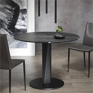 round ceramic glass top table with metal pedestal base