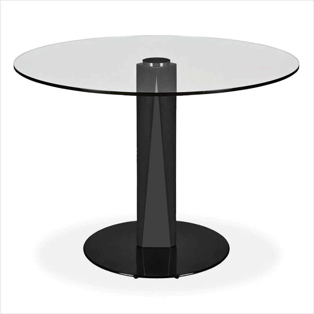 round glass top table with black metal pedestal base