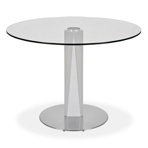 round glass top table with metal pedestal base
