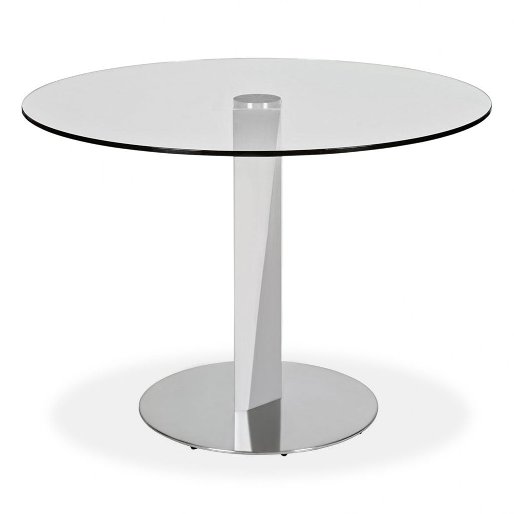 round glass top table with metal pedestal base