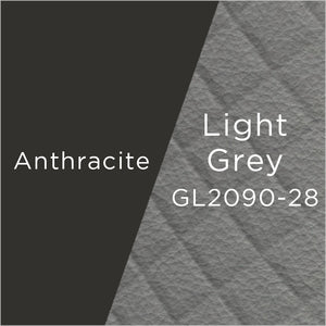 anthracite powder-coat metal and light grey leather swatch