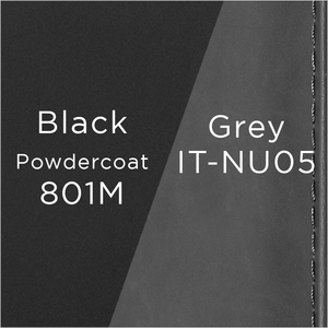 black powder-coated metal and grey leather swatch