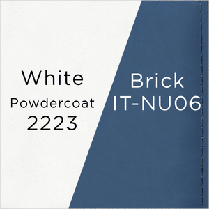 white powder-coated metal and blue leather swatch