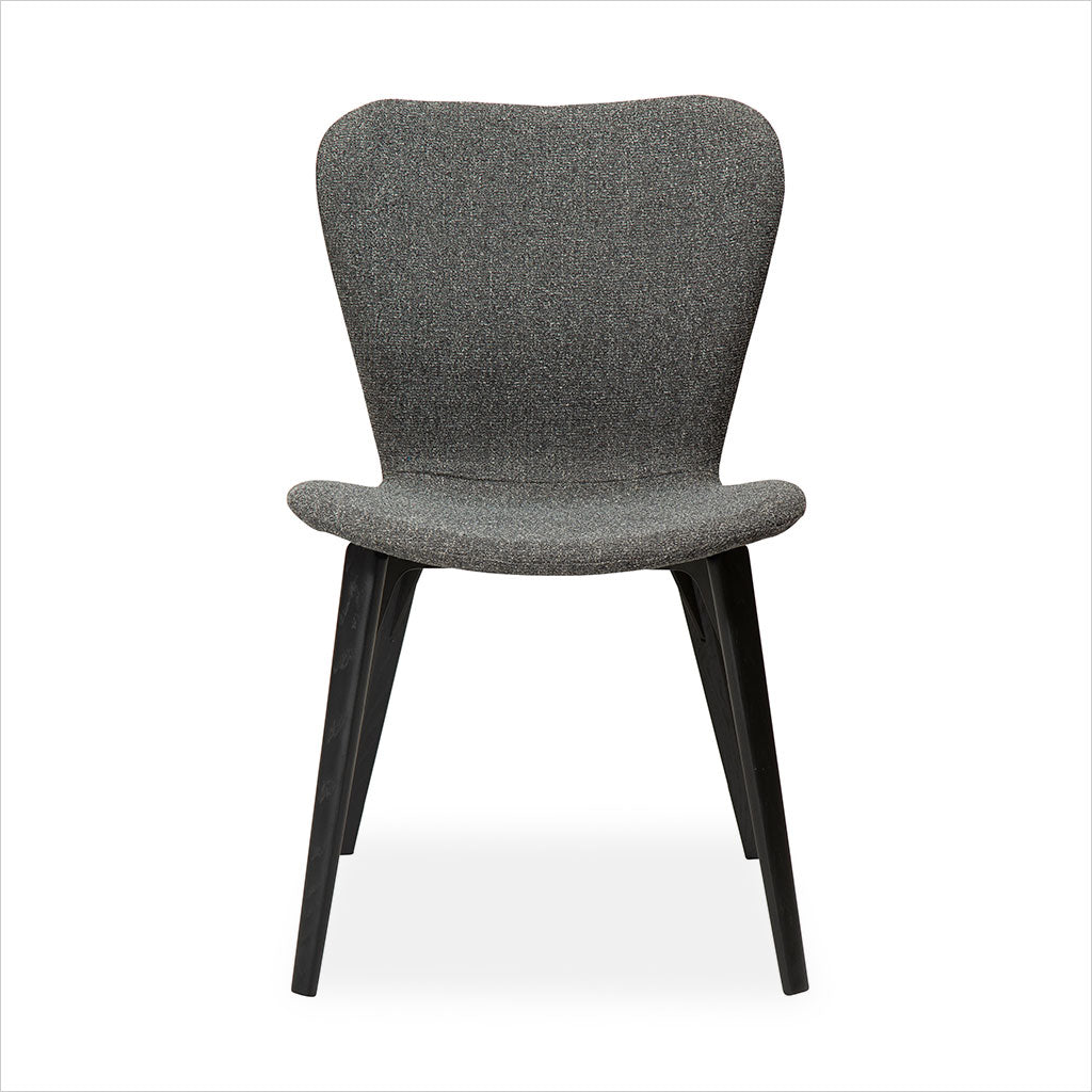 grey fabric dining chair with black legs